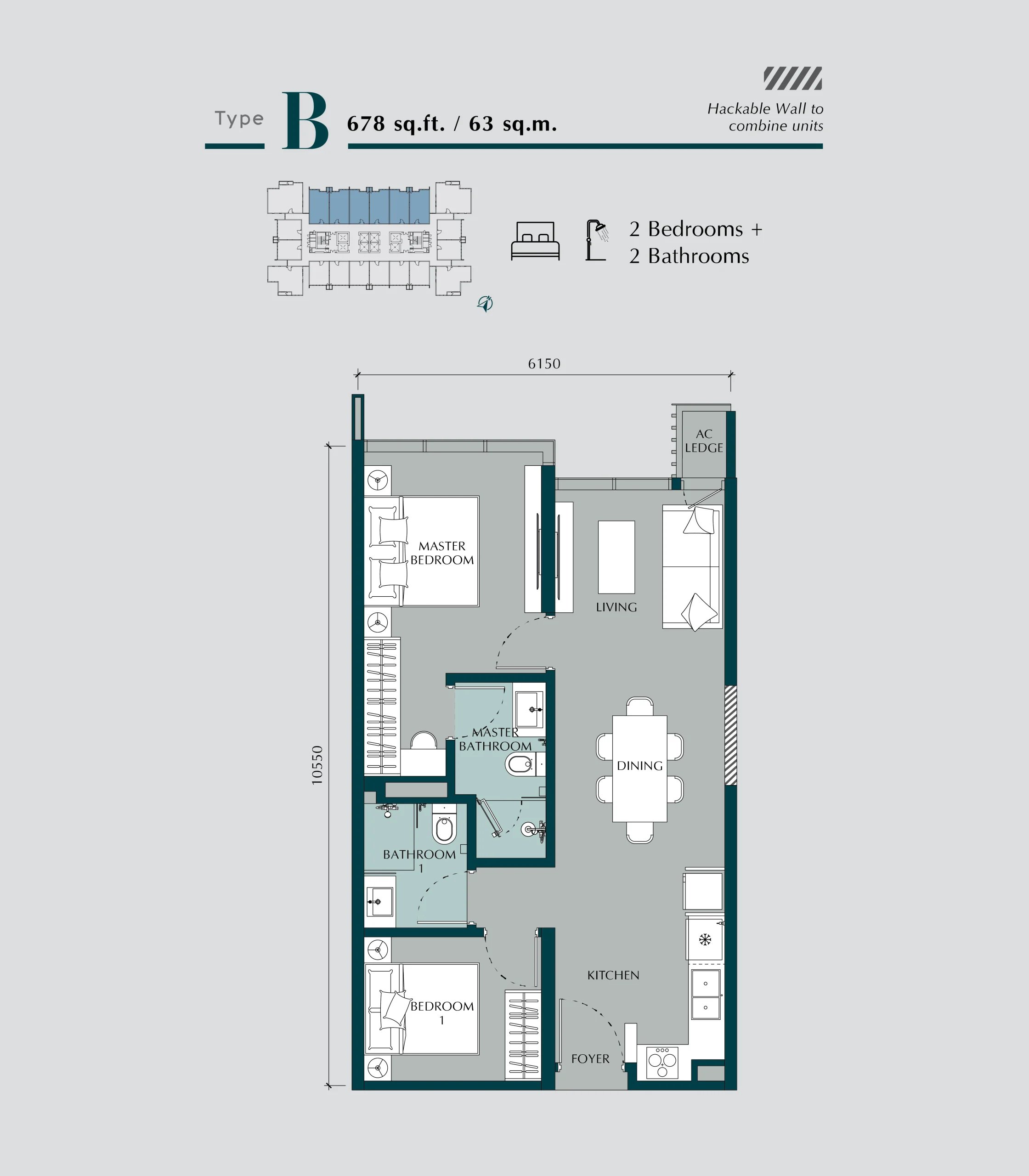 Times Square 2 Type B 678 sq ft two-bedroom floor plan