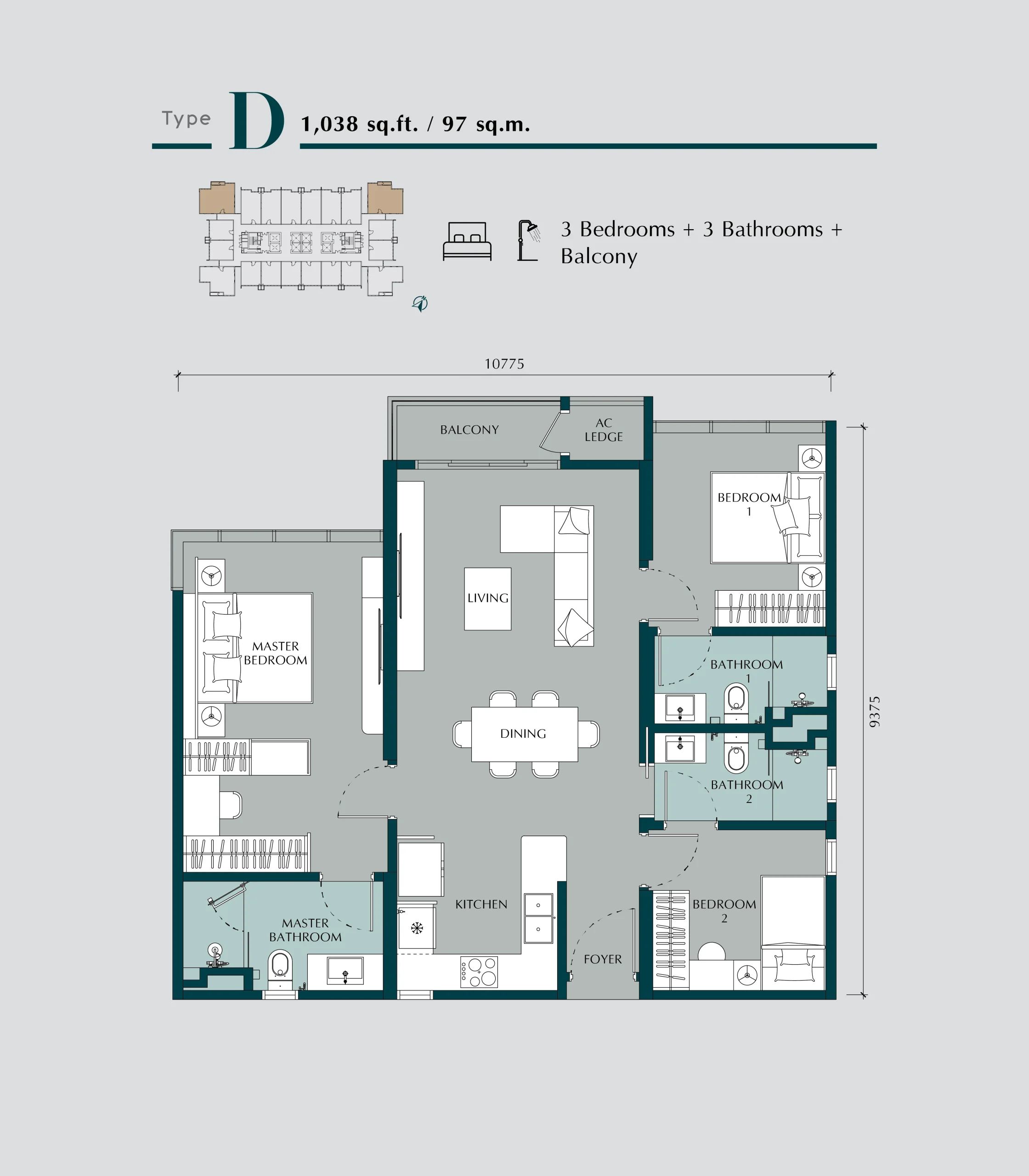 Times Square 2 Type D 1038 sq ft three-bedroom floor plan
