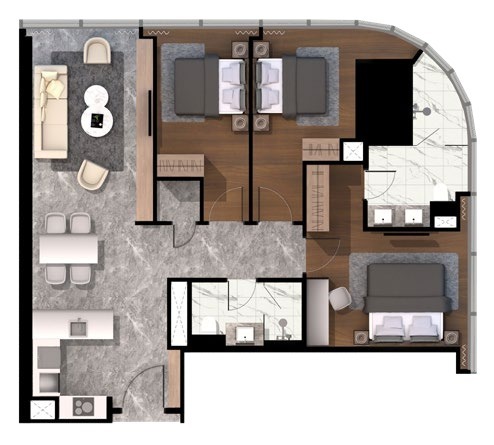 CloutHaus Type A 1216 sq ft three-bedroom floor plan