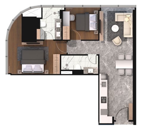 CloutHaus Type G 904 sq ft two-bedroom floor plan