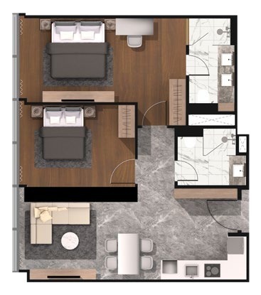 CloutHaus Type H 904 sq ft two-bedroom floor plan