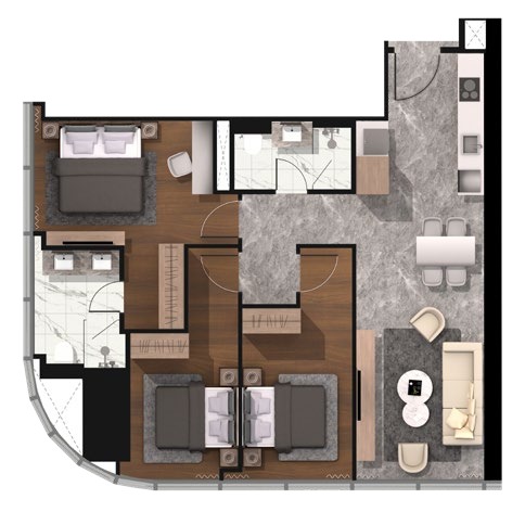 CloutHaus Type I 1119 sq ft three-bedroom floor plan