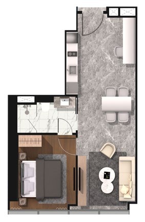 CloutHaus Type K 635 sq ft one-bedroom floor plan