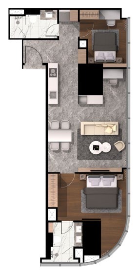 CloutHaus Type L 980 sq ft two-bedroom floor plan with study
