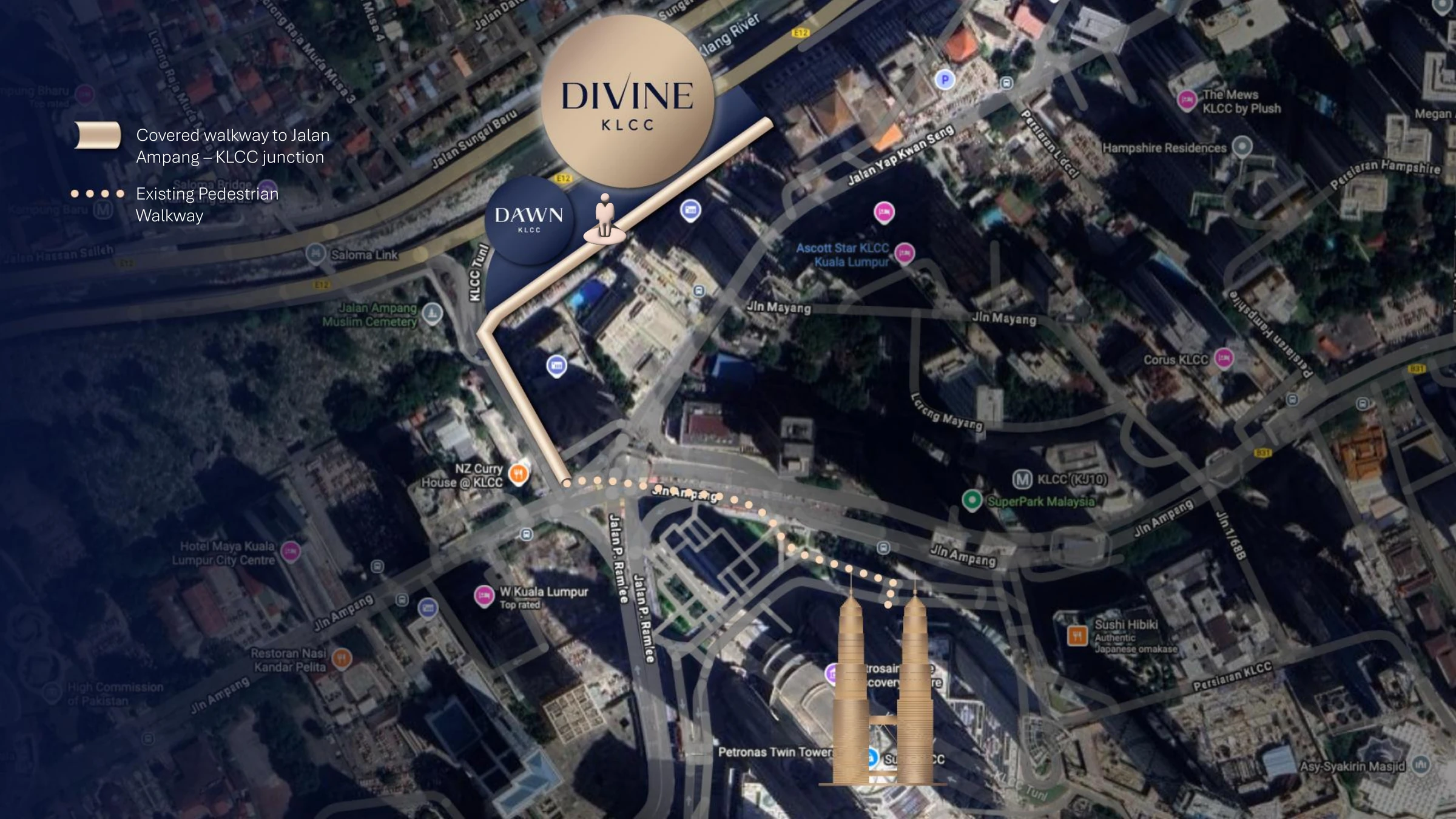 Divine KLCC location map showing Jalan Saloma, Jalan Ampang and Petronas Twin Towers