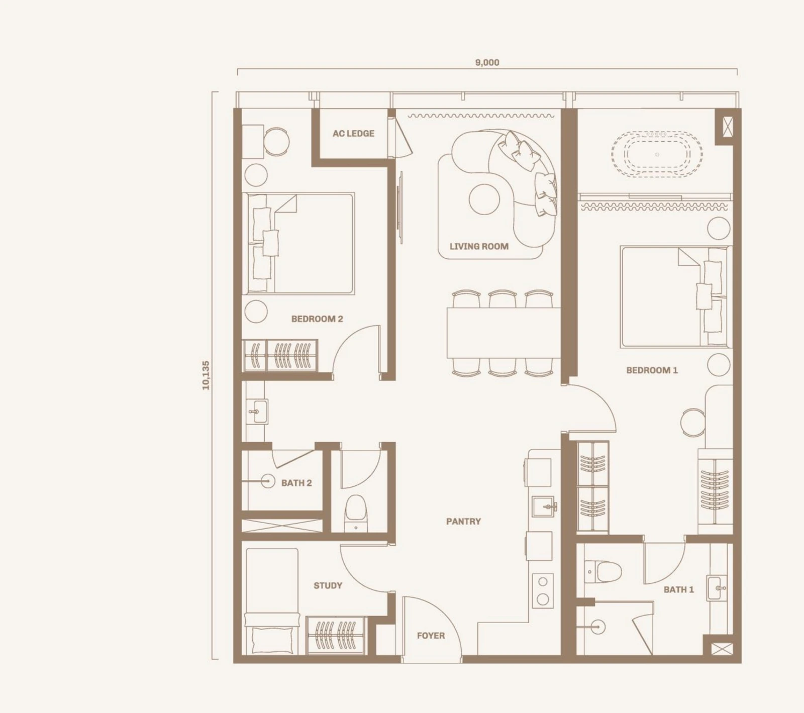 Divine KLCC Type C 982 sq ft 2 plus 1 bedroom floor plan