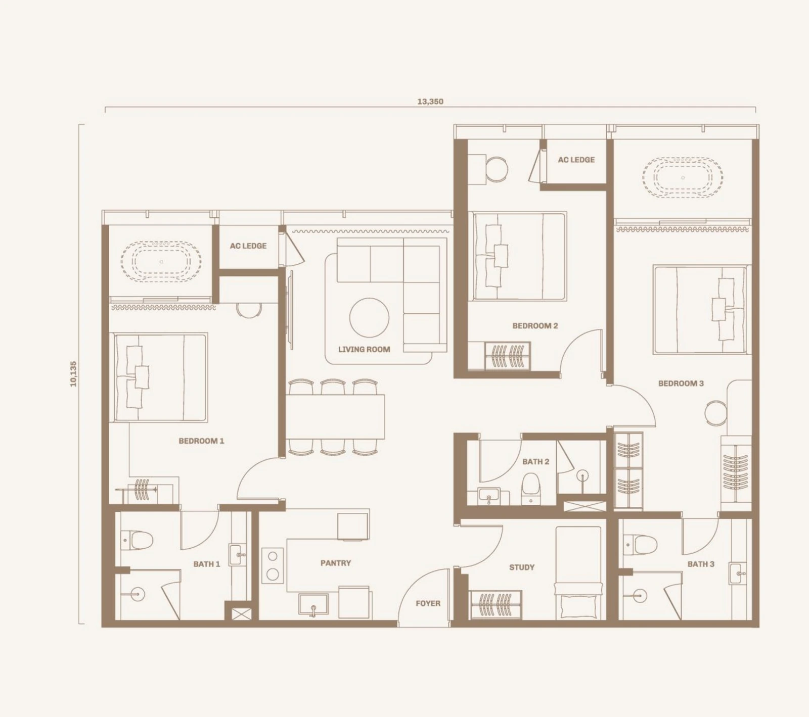 Divine KLCC Type D 1319 sq ft 3 plus 1 bedroom floor plan
