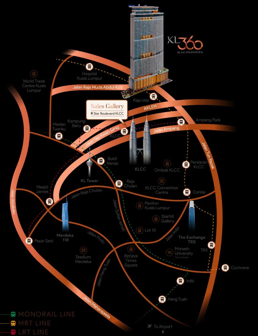 KL360 location map showing Raja Uda MRT, KLCC and nearby amenities