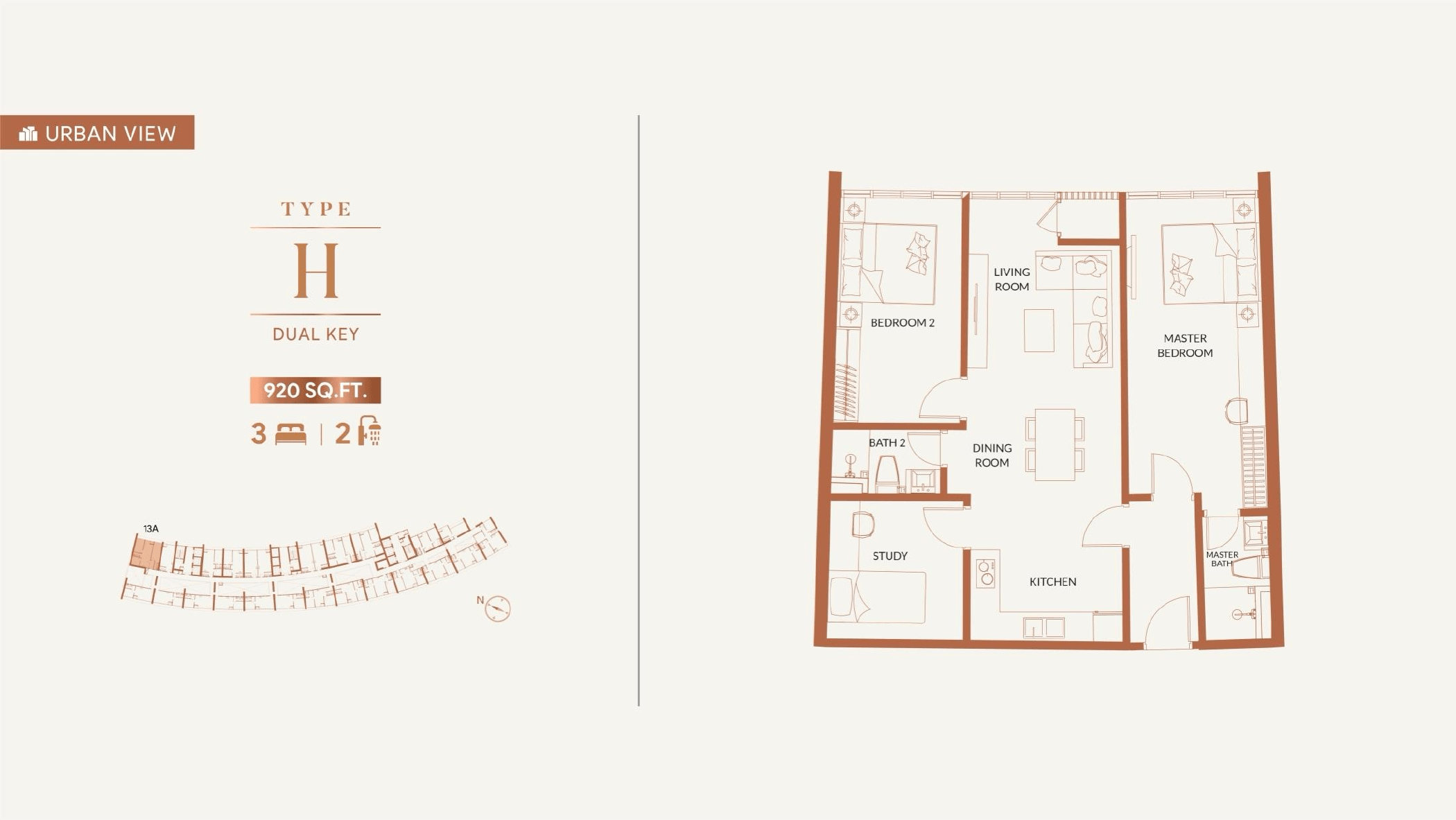 KL360 Type H 920 sq ft three-bedroom dual-key floor plan