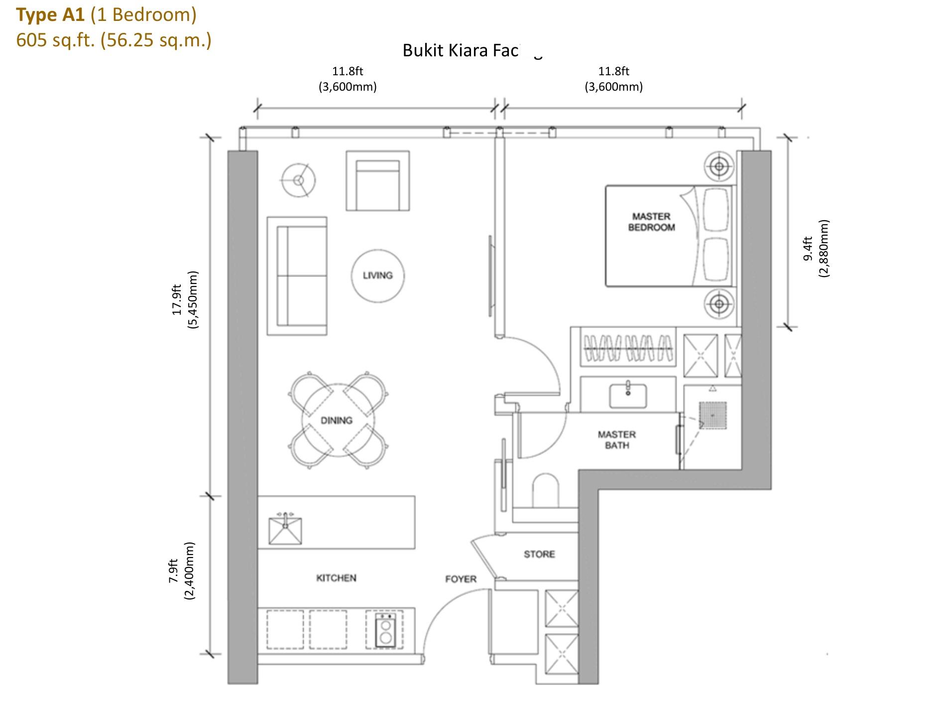 Regent Suites Type A1 605 square feet floor plan