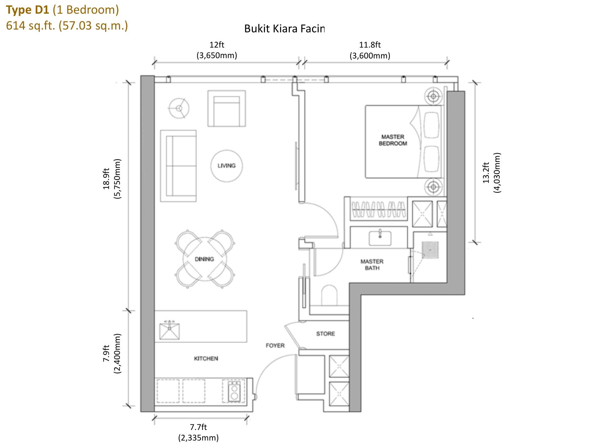 Windsor Suites Type D1 614 square feet floor plan