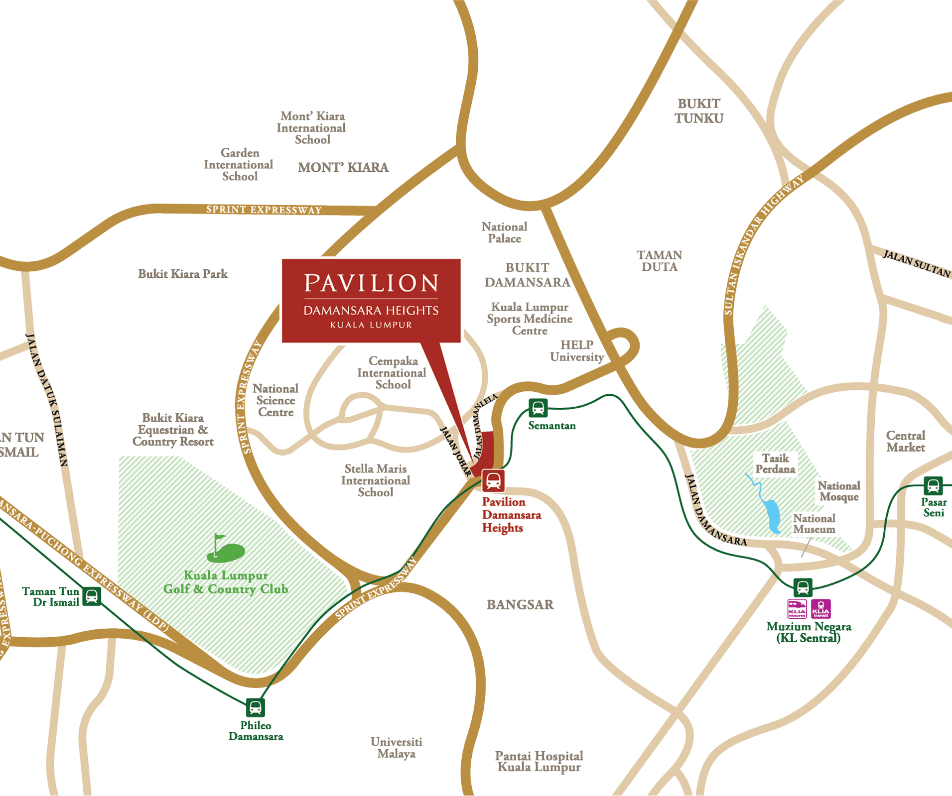 Pavilion Damansara Heights location map with MRT, Bangsar, Mont Kiara and nearby amenities
