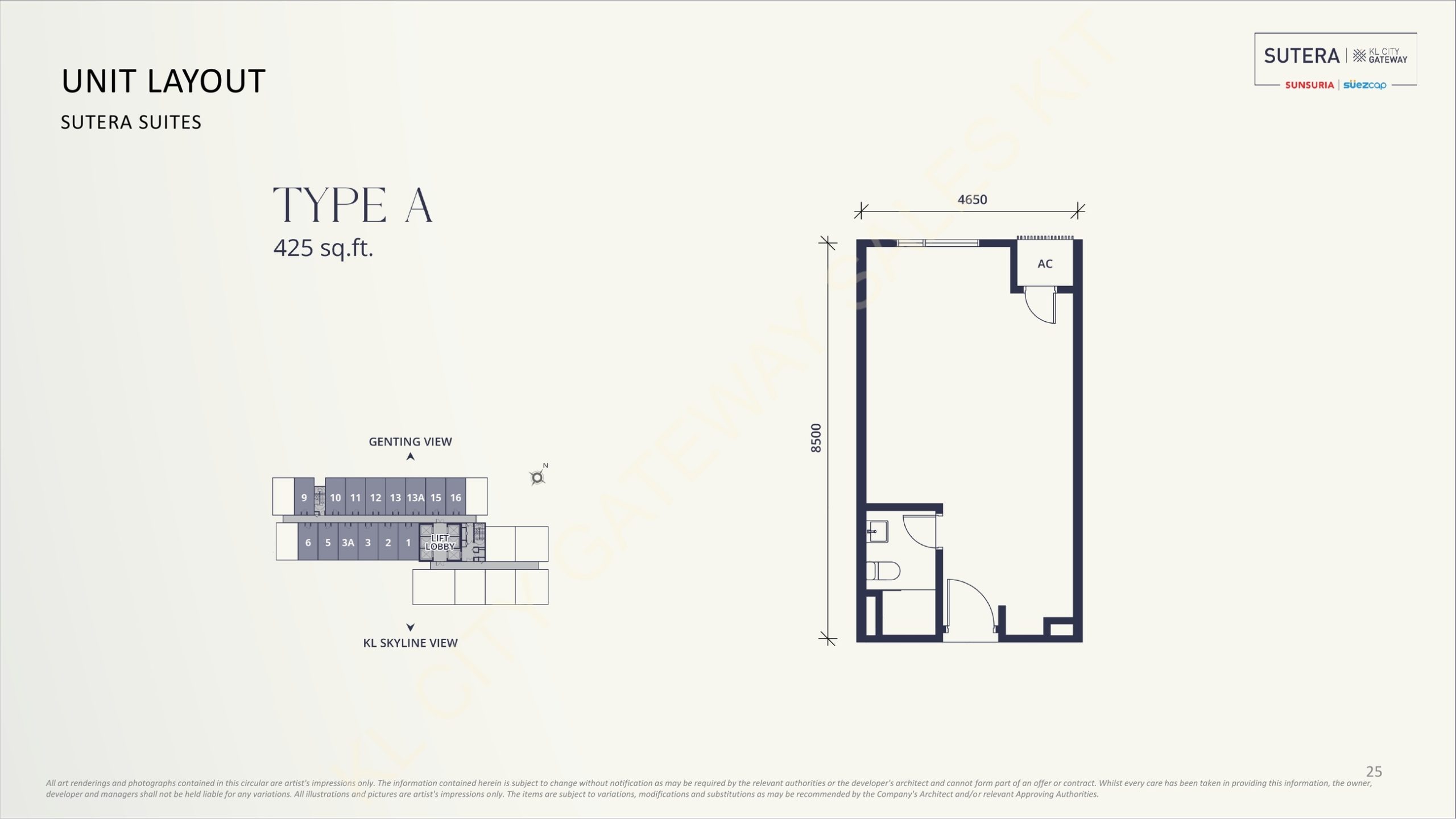 Sutera Suites Type A 425 sq ft studio floor plan