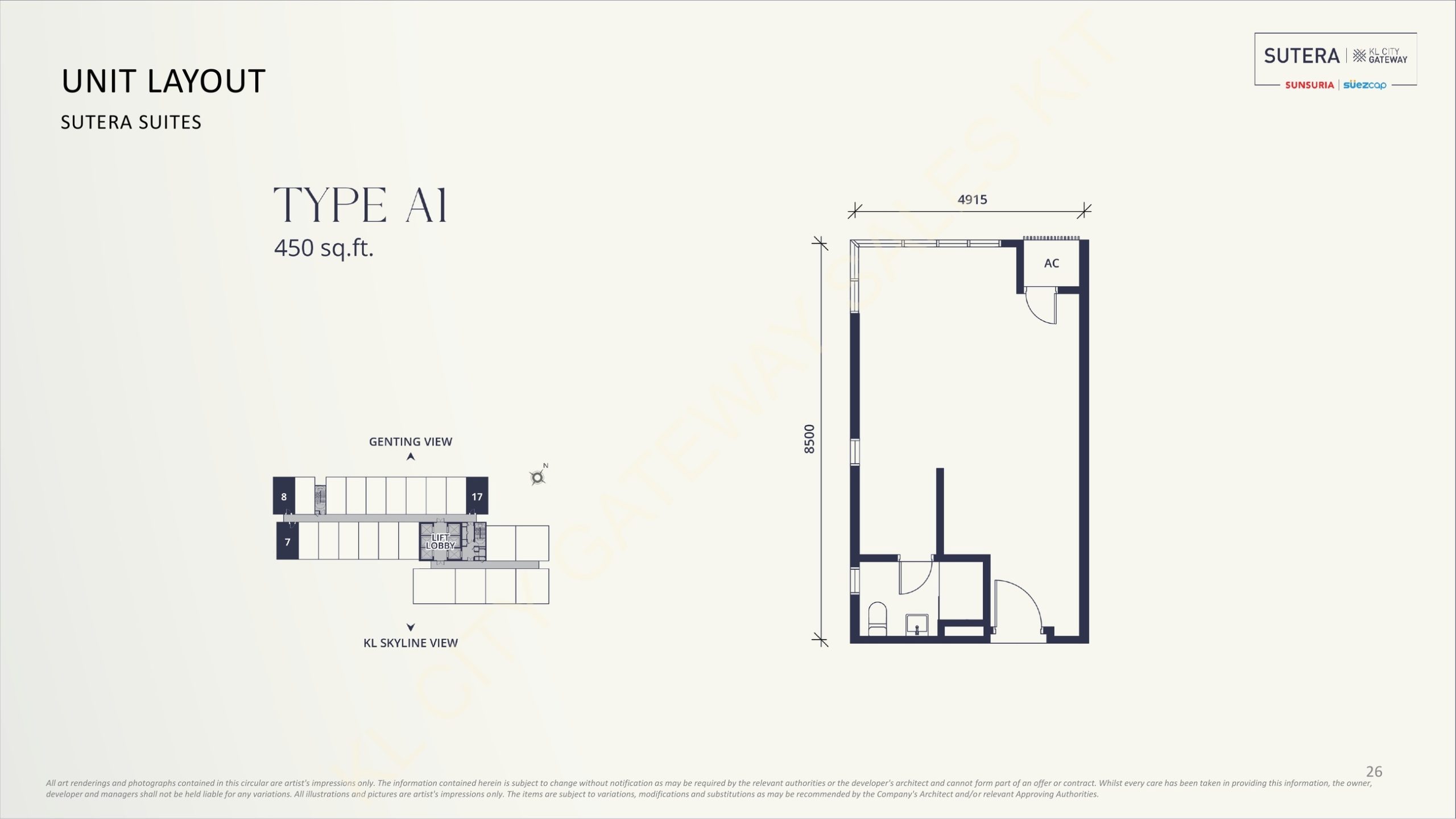 Sutera Suites Type A1 450 sq ft studio floor plan